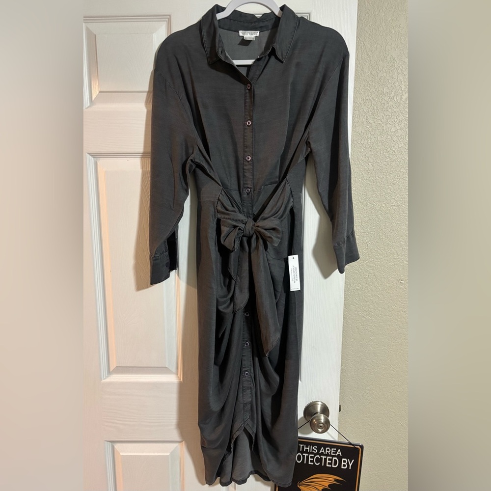 VENUS Charcoal Draped Button-Front Midi Dress with Tie Waist